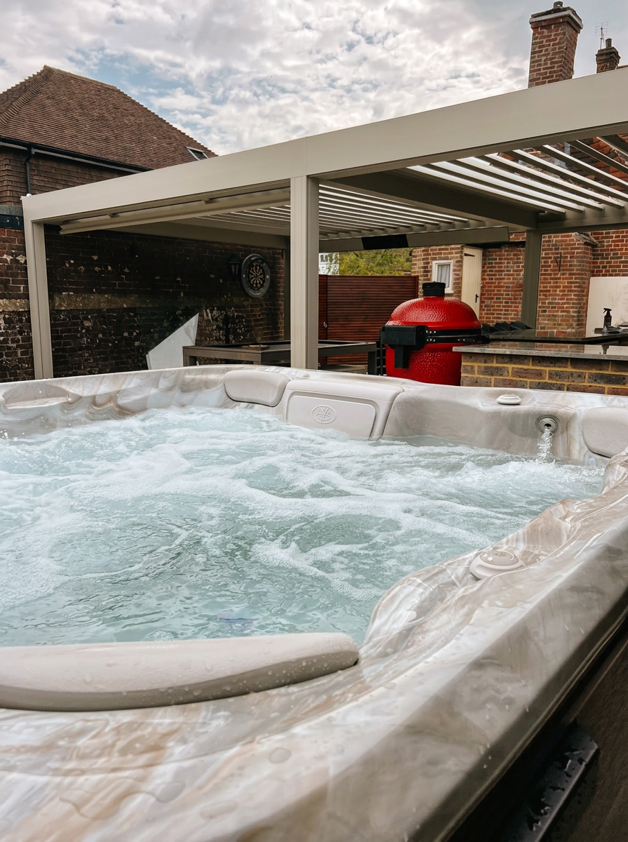 Finished family kitchen garden with bubbling hot tub, louvred pergola and outdoor kitchen