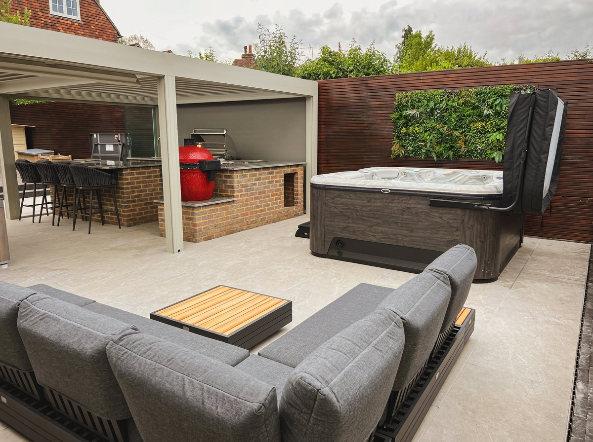 Completed family kitchen garden with outdoor seating, hot tub and living wall