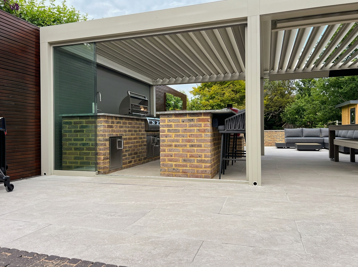 Outdoor kitchen beneath pergola with porcelain paving and lounge seating beyond