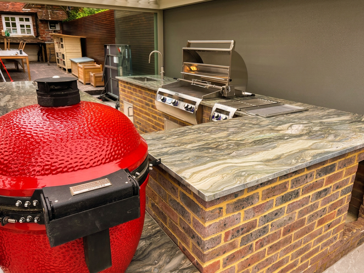 Kamado smoker and stainless gas grill on the brick and marble outdoor kitchen