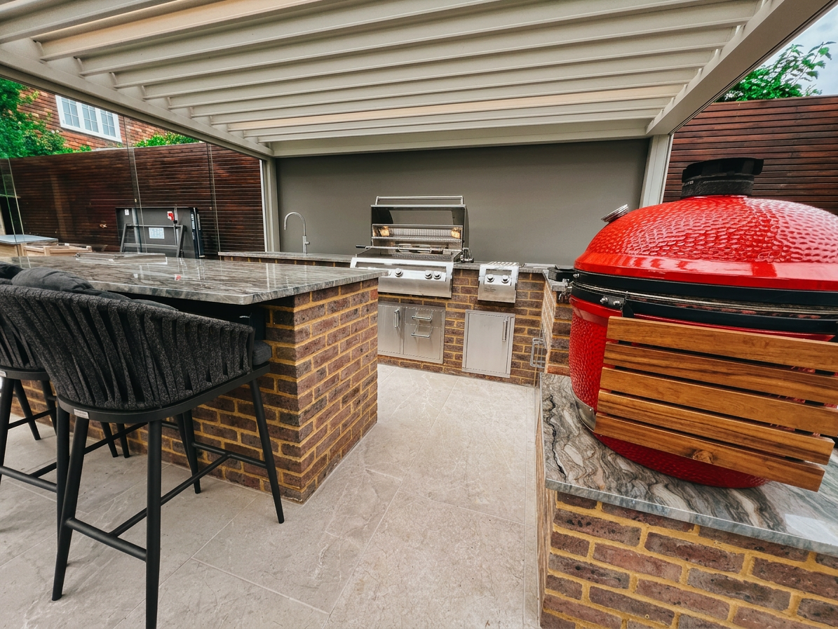 Outdoor kitchen with twin grills, Kamado smoker and bar seating under the pergola