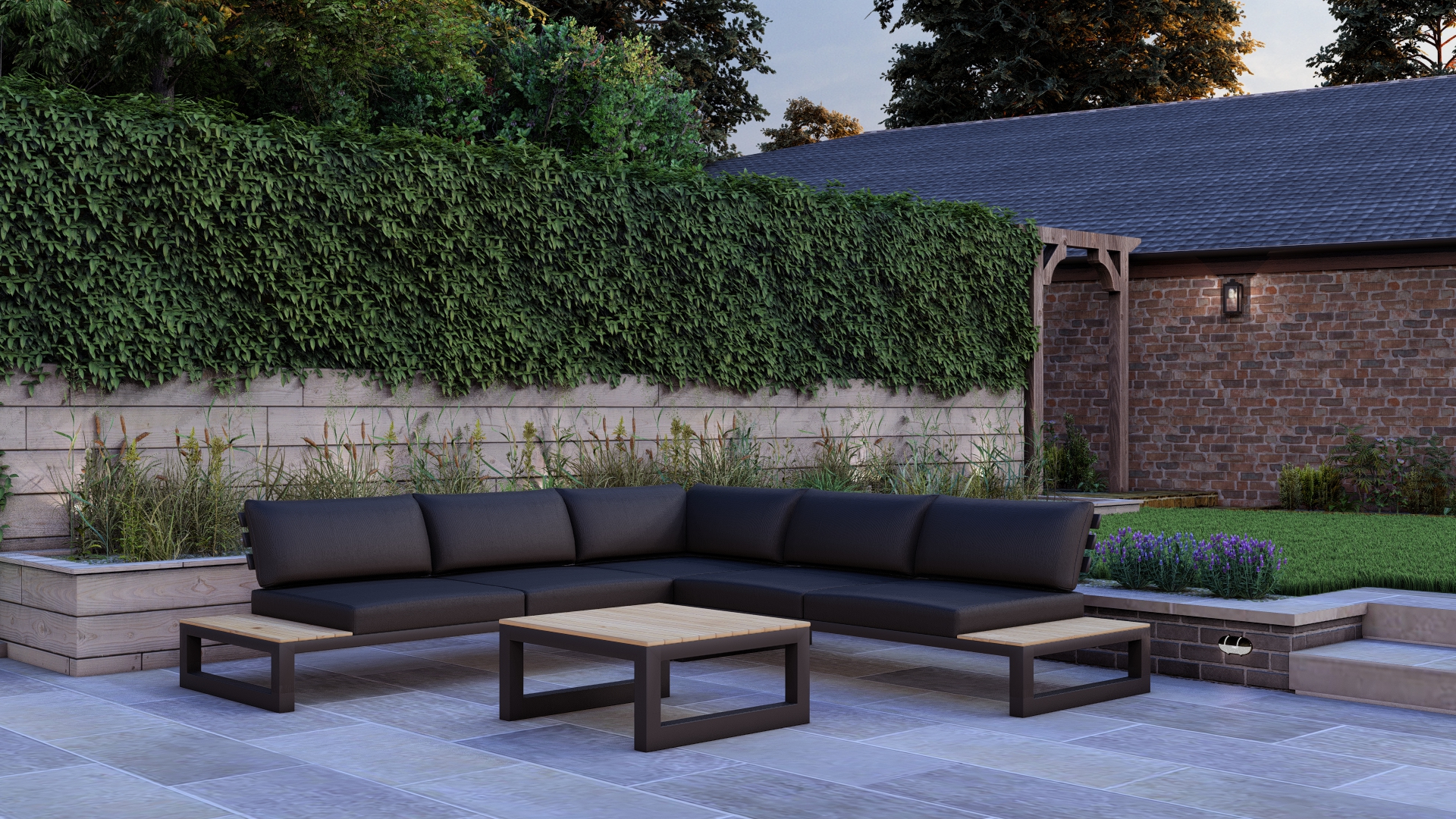 A finished Fresh Air garden — patio, lawn, stepping stones and barn