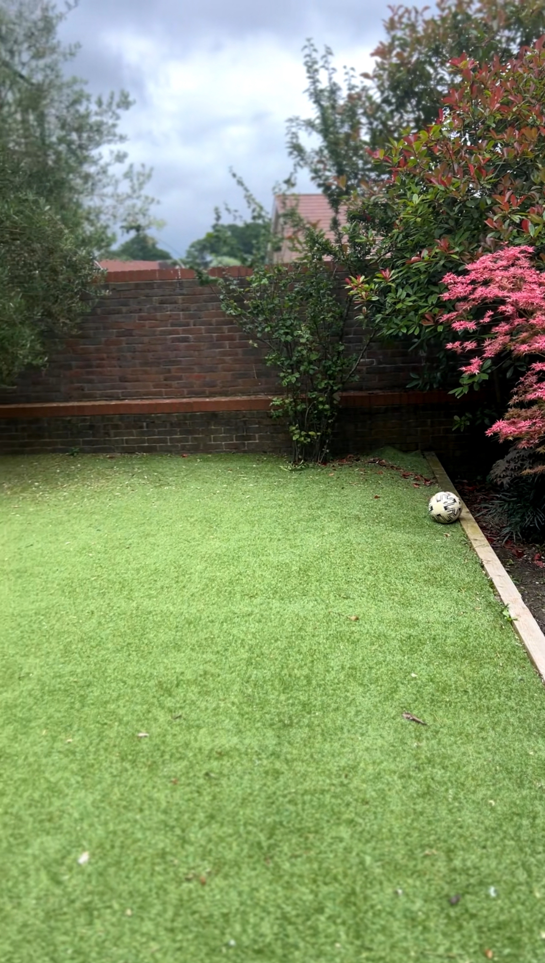 Original Haywards Heath garden — empty lawn area against brick boundary wall