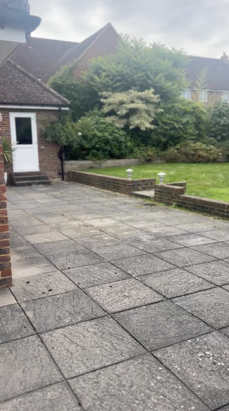 Original Dell garden — weathered concrete paving and brick steps