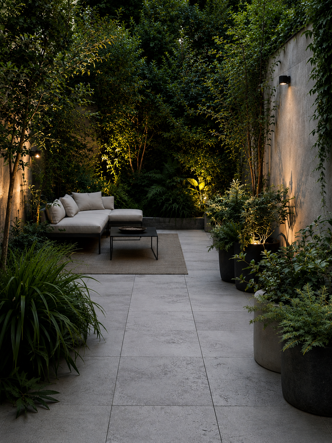 Lounge seating beneath layered evergreen planting with uplighting
