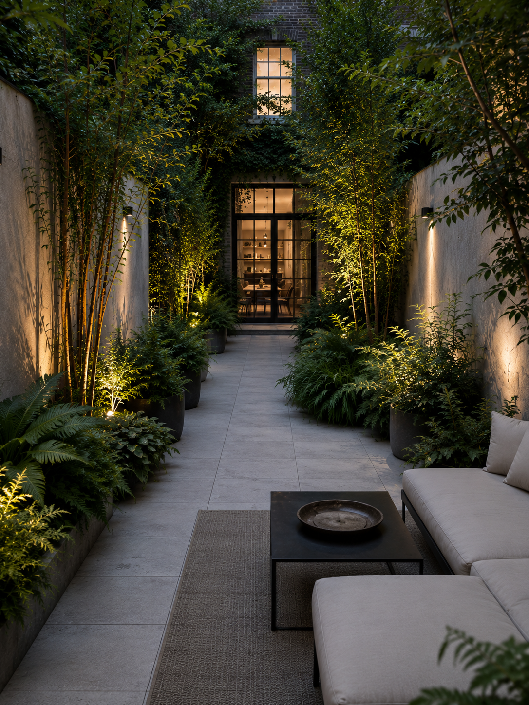 Courtyard at dusk with porcelain paving leading to lit interior